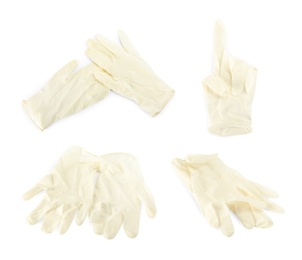 Image of Set of medical gloves on white background