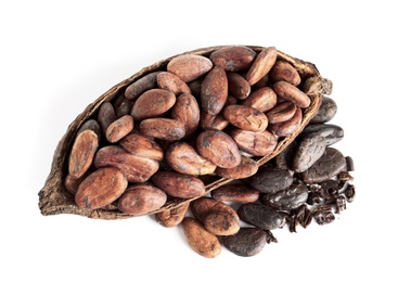 Cut pod and cocoa beans isolated on white, top view