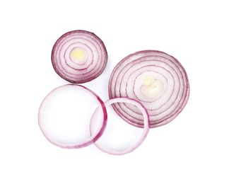 Photo of Red onion rings on white background, top view