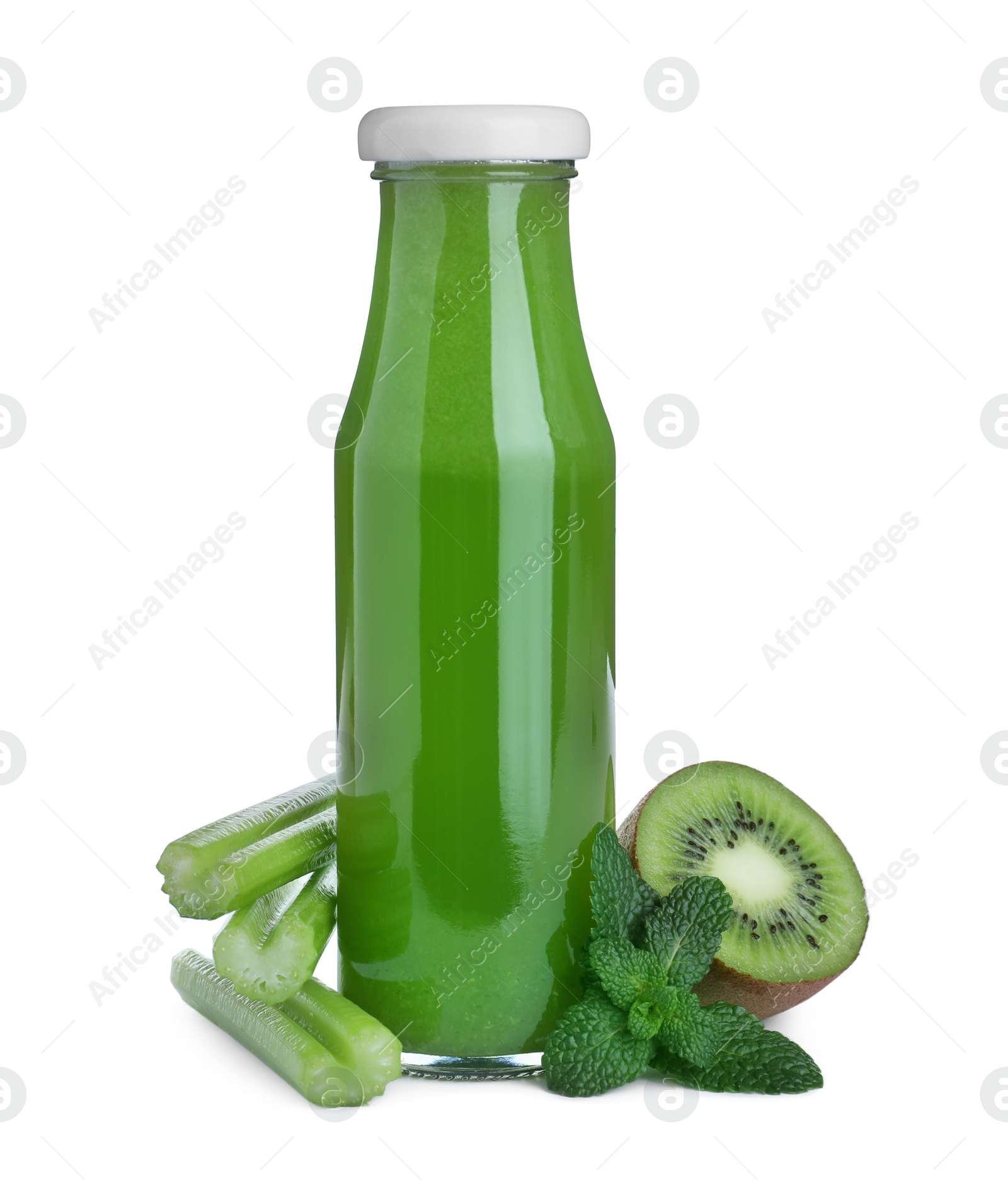 Photo of Fresh celery juice, mint and kiwi on white background