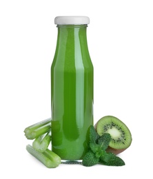 Photo of Fresh celery juice, mint and kiwi on white background