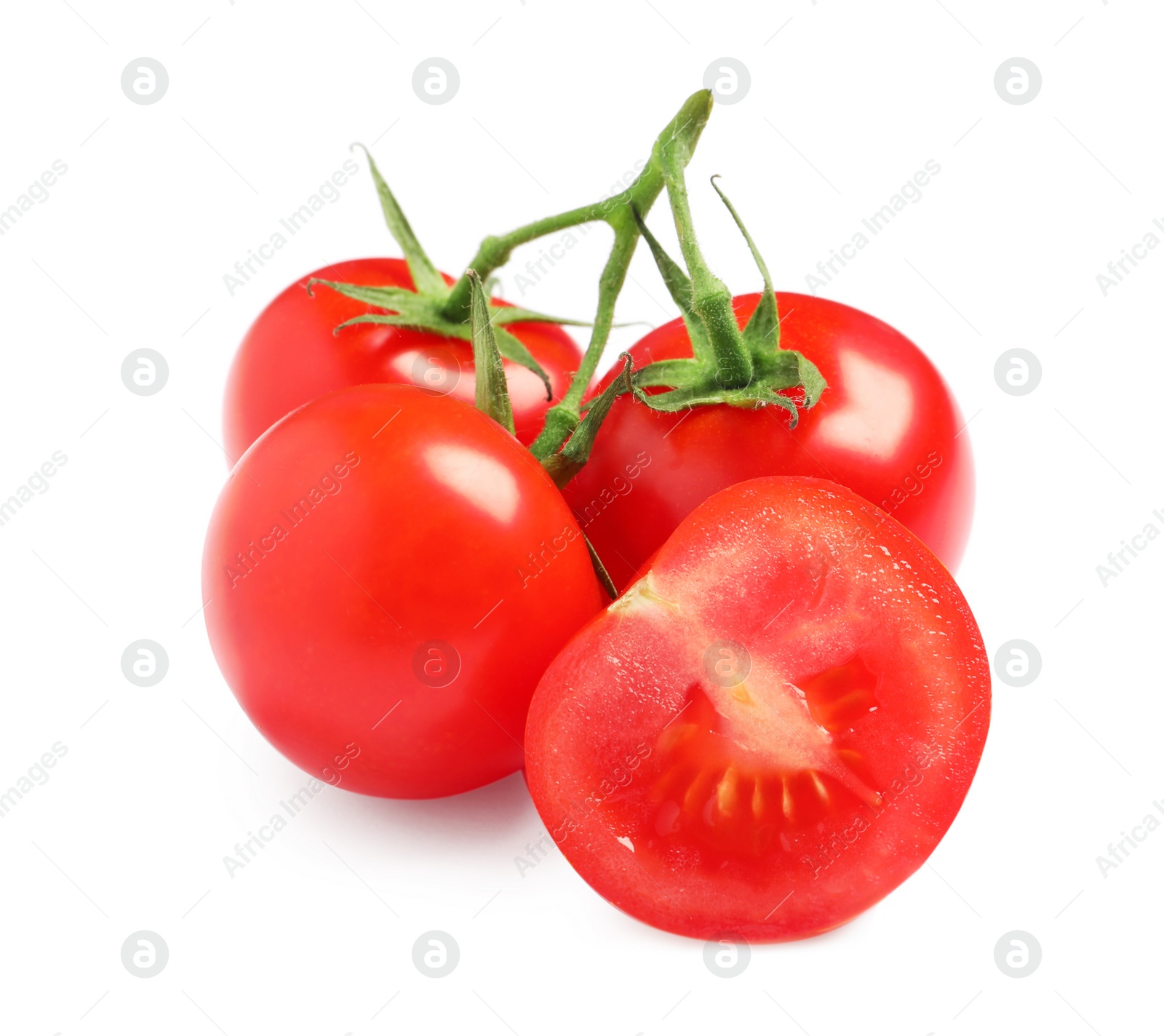 Photo of Branch of fresh cherry tomatoes isolated on white