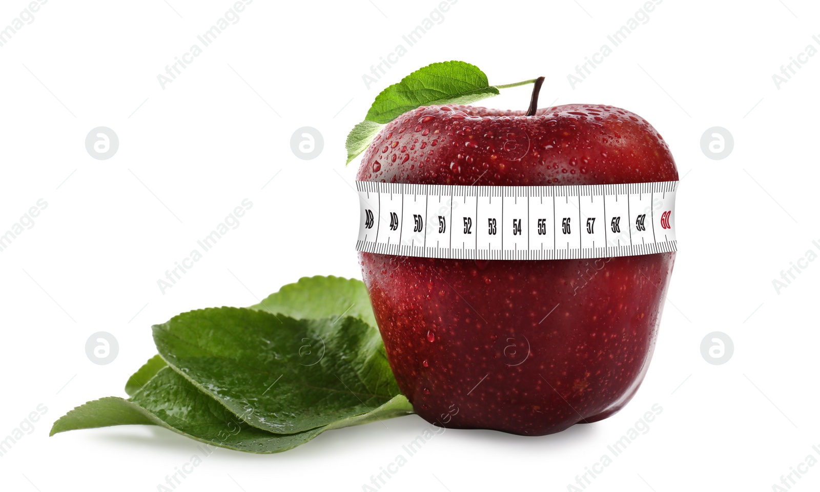 Image of Red apple with measuring tape on white background. Slimming, weight loss concept