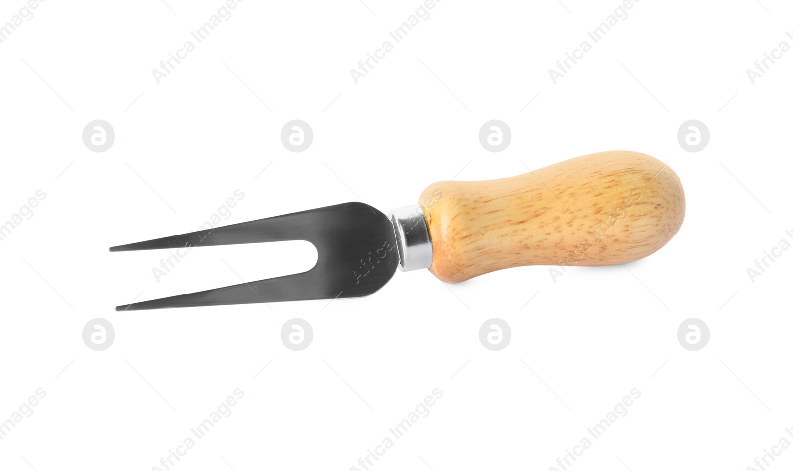 Photo of New cheese fork with wooden handle isolated on white