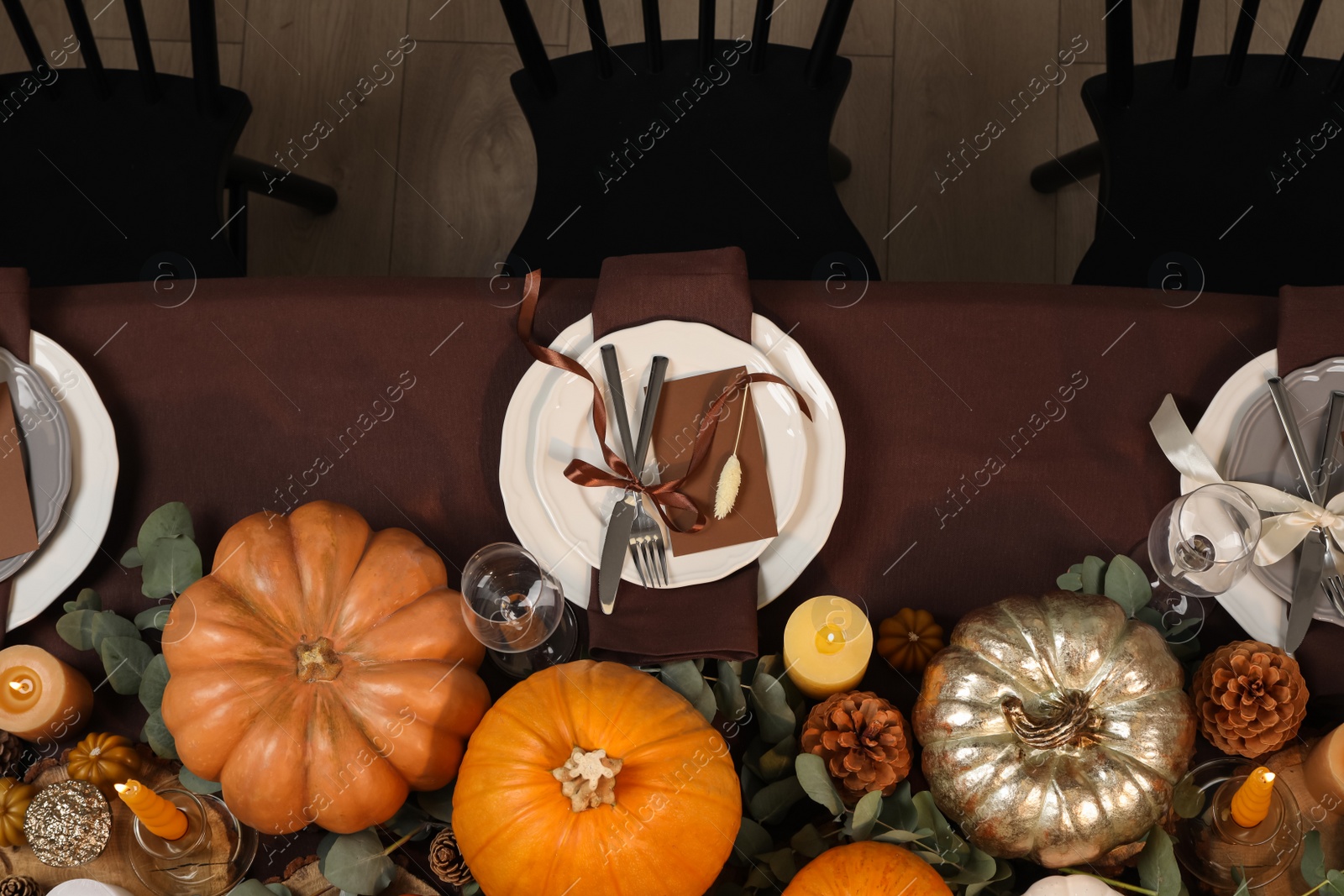 Photo of Beautiful autumn place setting and decor on table, flat lay