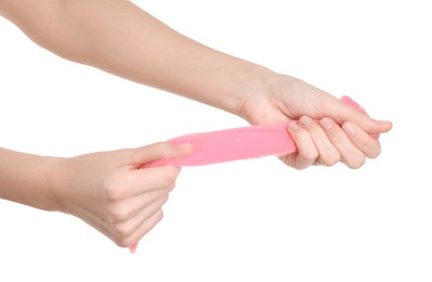 Photo of Woman holding pink felting wool on white background, closeup