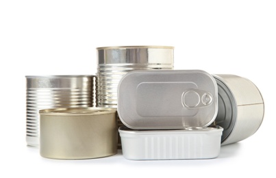 Many different tin cans on white background, mock up for design