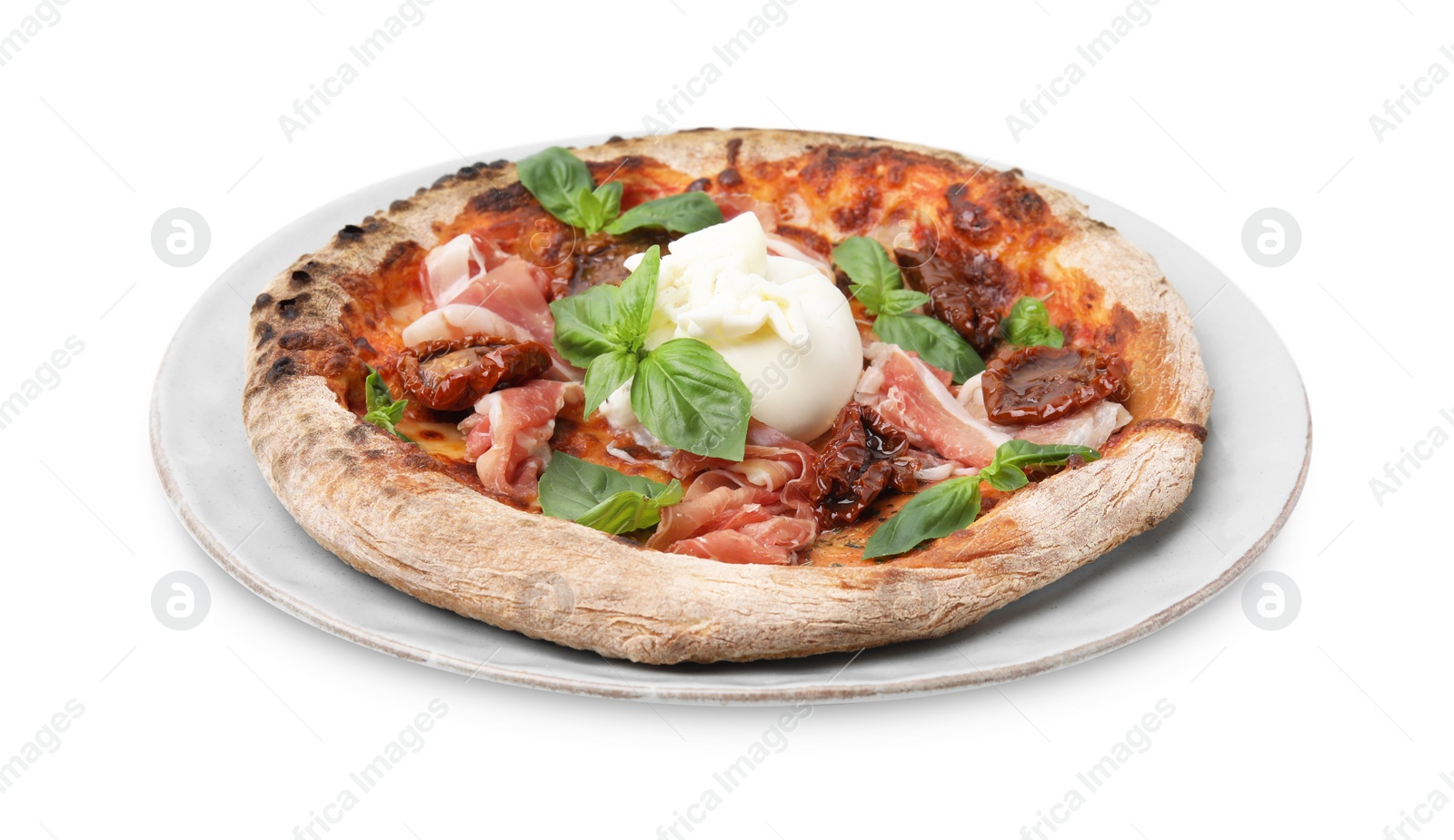 Photo of Delicious pizza with burrata cheese, basil, ham and sun-dried tomatoes isolated on white