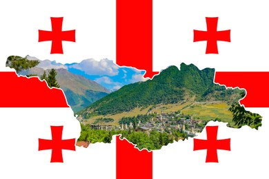 Image of National flag of Georgia with outline map of country filled with mountain landscape