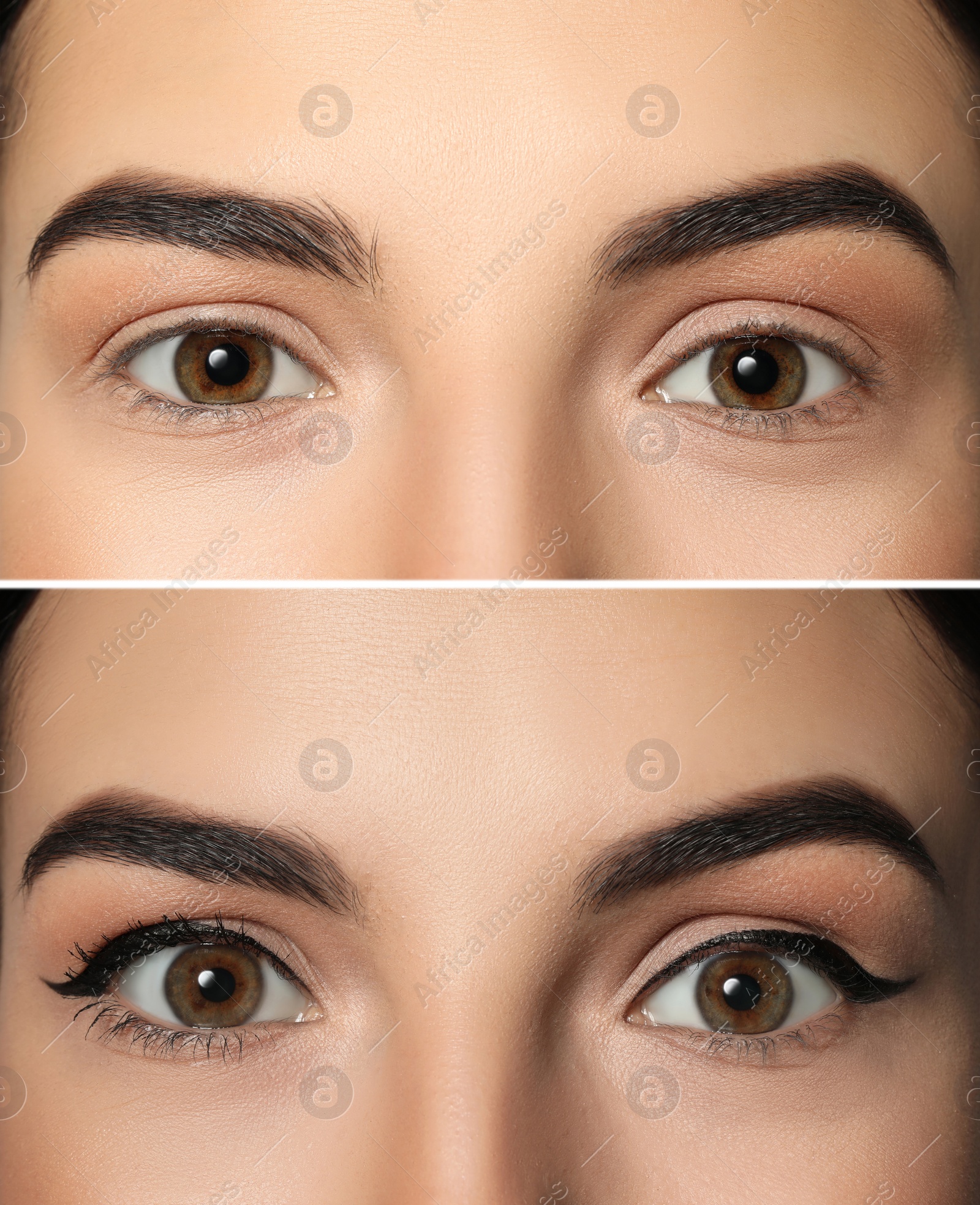 Image of Collage with photos of woman before and after applying eyeliner, closeup view