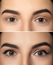 Image of Collage with photoswoman before and after applying eyeliner, closeup view