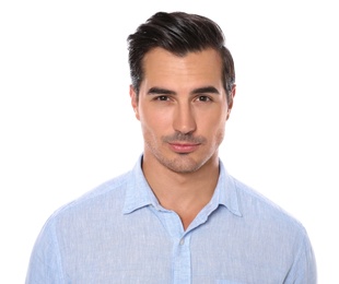 Photo of Portrait of handsome young man on white background