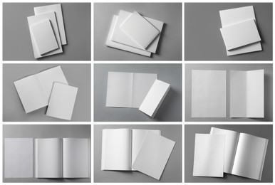 Open blank brochures on grey background, top view. Collage