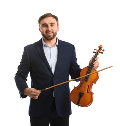 Music teacher with violin and bow on white background