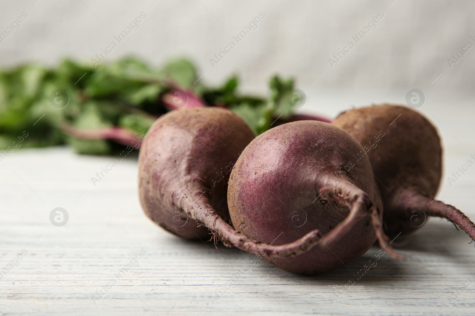 Photo of Bunch of fresh beets with leaves on wooden table against white background, closeup. Space for text