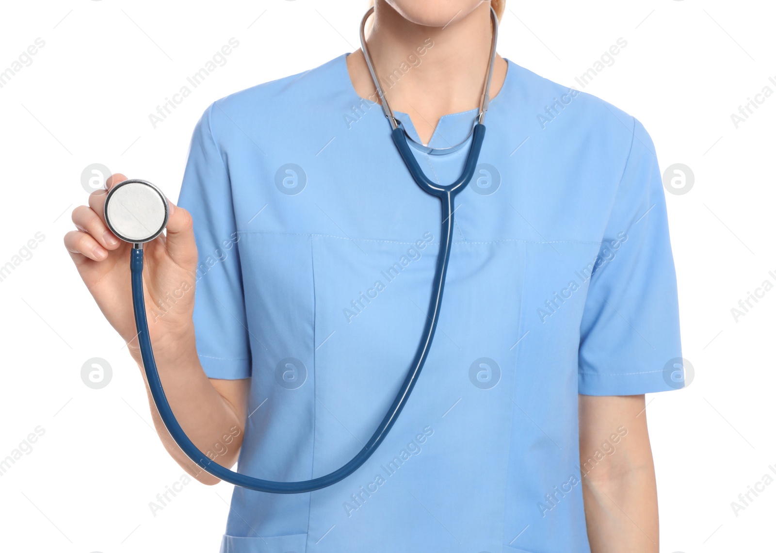 Photo of Medical doctor with stethoscope isolated on white, closeup