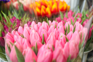 Photo of Fresh bouquet of beautiful tulip flowers, closeup