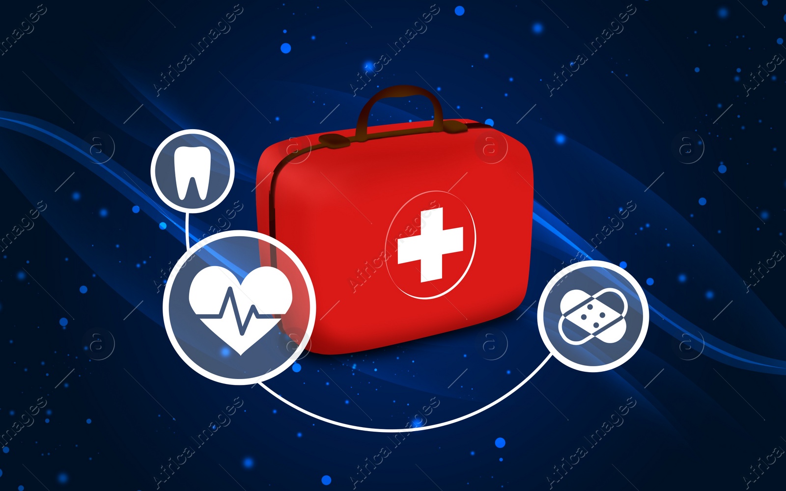 Image of First aid kit and different icons on blue background, illustration