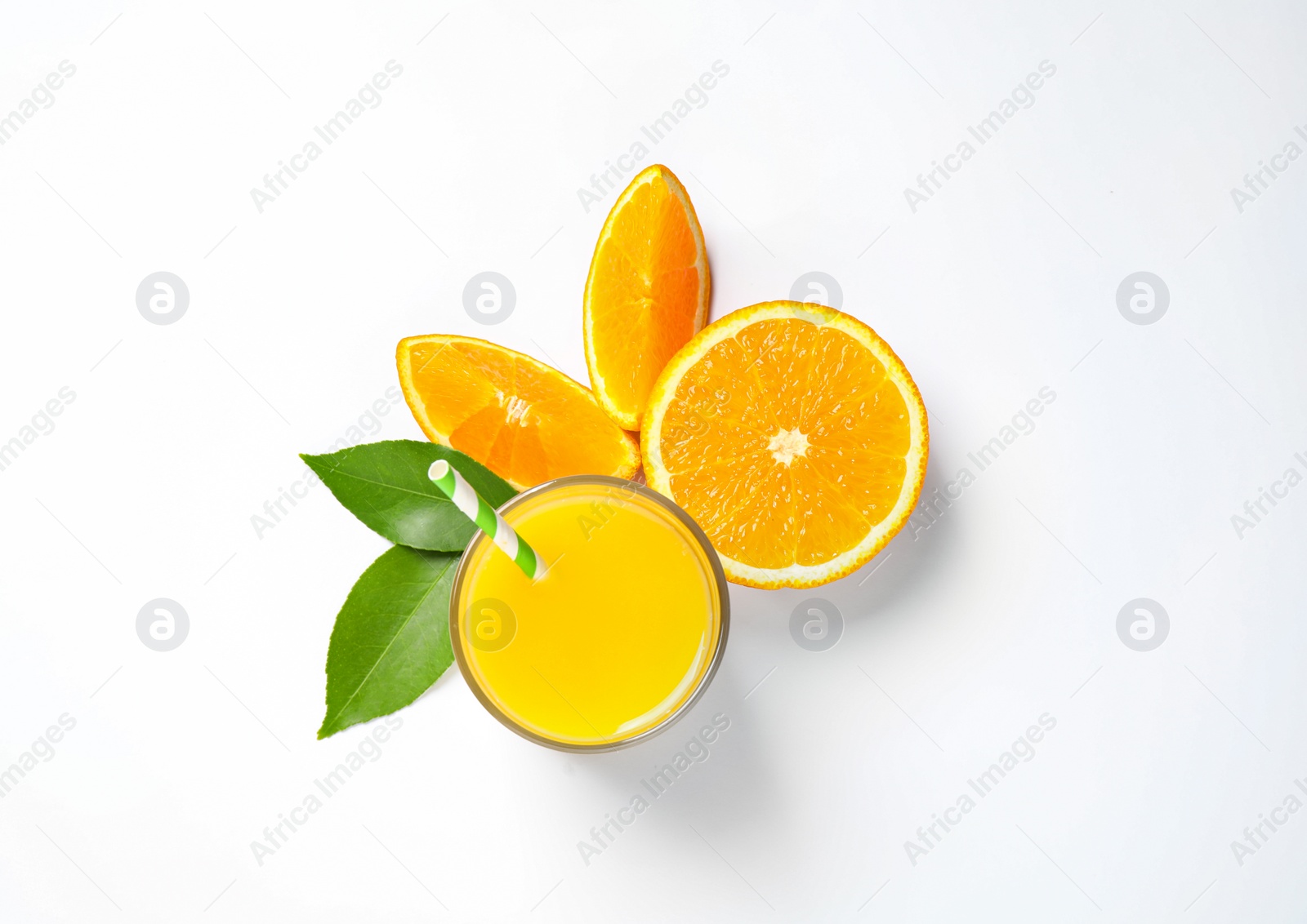 Photo of Glass of orange juice and fresh fruits on white background, top view