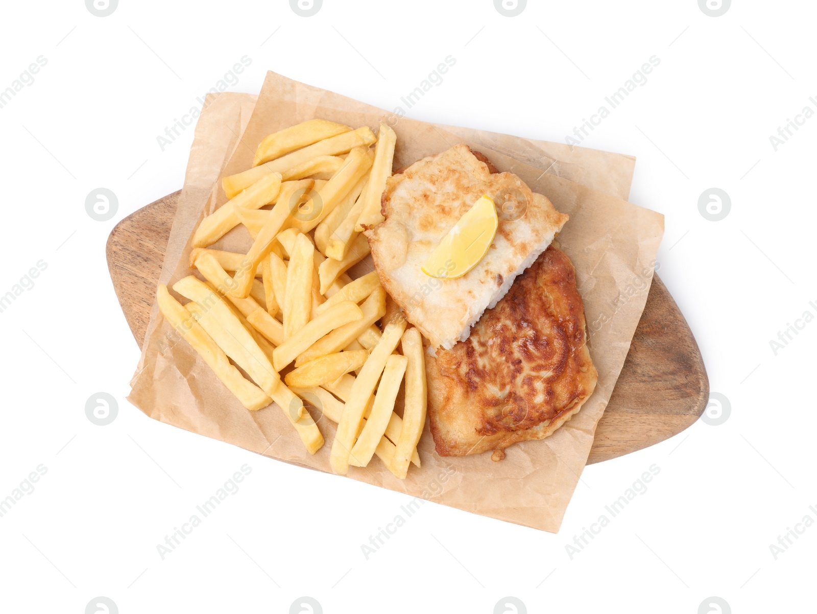 Photo of Tasty fish in soda water batter, potato chips and lemon slice isolated on white, top view