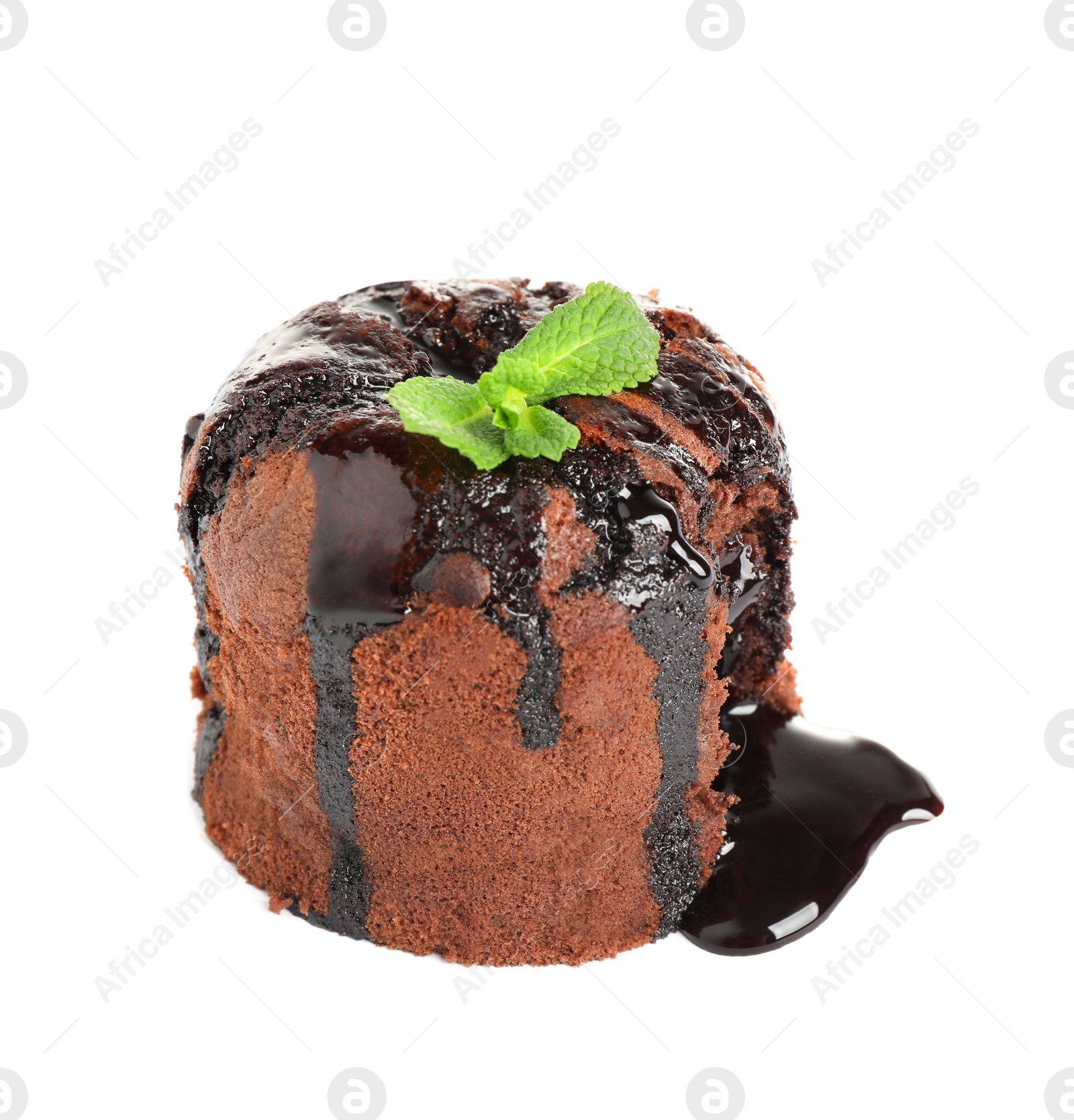 Photo of Delicious warm chocolate lava cake with mint isolated on white