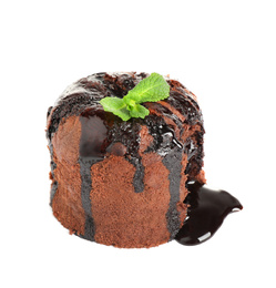 Photo of Delicious warm chocolate lava cake with mint isolated on white