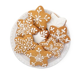 Photo of Tasty star shaped Christmas cookies with icing isolated on white, top view