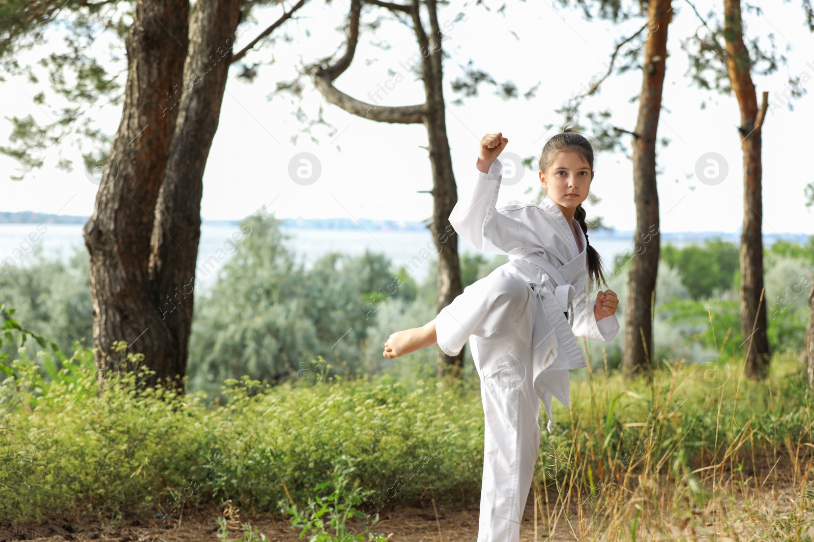 Photo of Cute little girl in kimono practicing karate outdoors