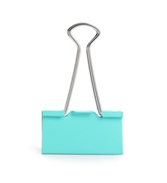 Turquoise binder clip isolated on white. Stationery