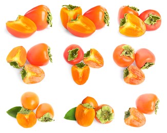 Image of Set with sweet ripe persimmons on white background