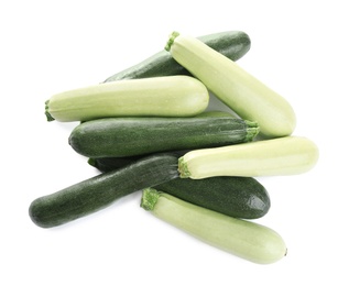 Fresh ripe green zucchinis isolated on white, top view