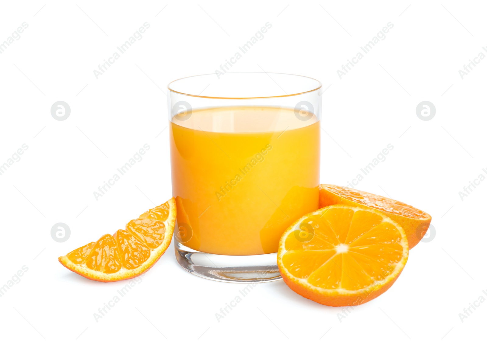 Photo of Cut fresh tangerines and glass of juice isolated on white