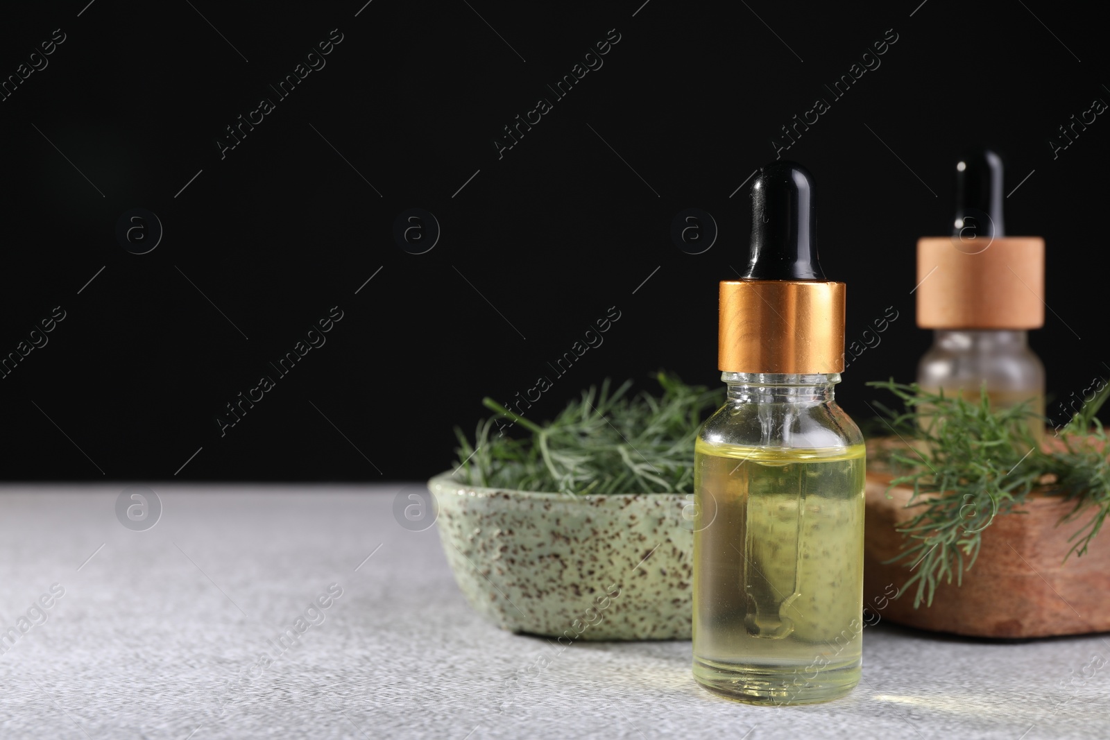 Photo of Bottles of essential oil and fresh dill on light grey table, space for text