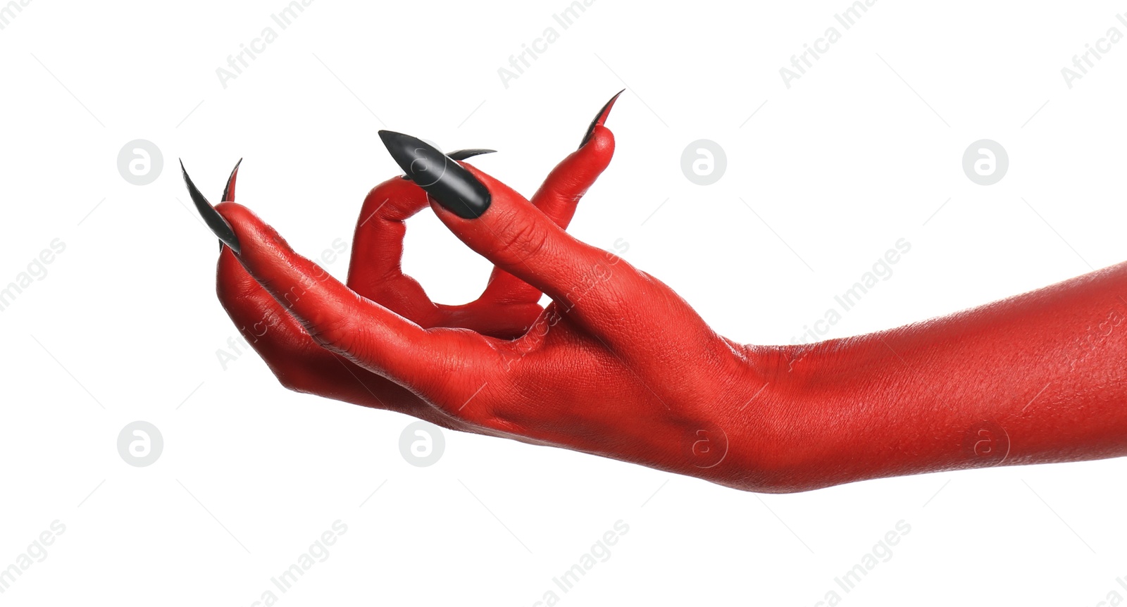 Photo of Scary monster on white background, closeup of hand. Halloween character