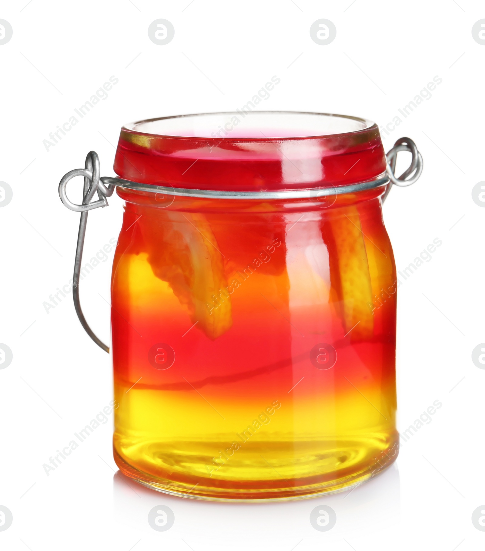 Photo of Jar with tasty jelly on white background