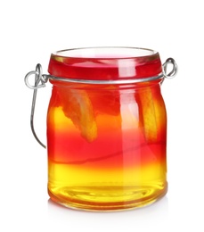 Photo of Jar with tasty jelly on white background