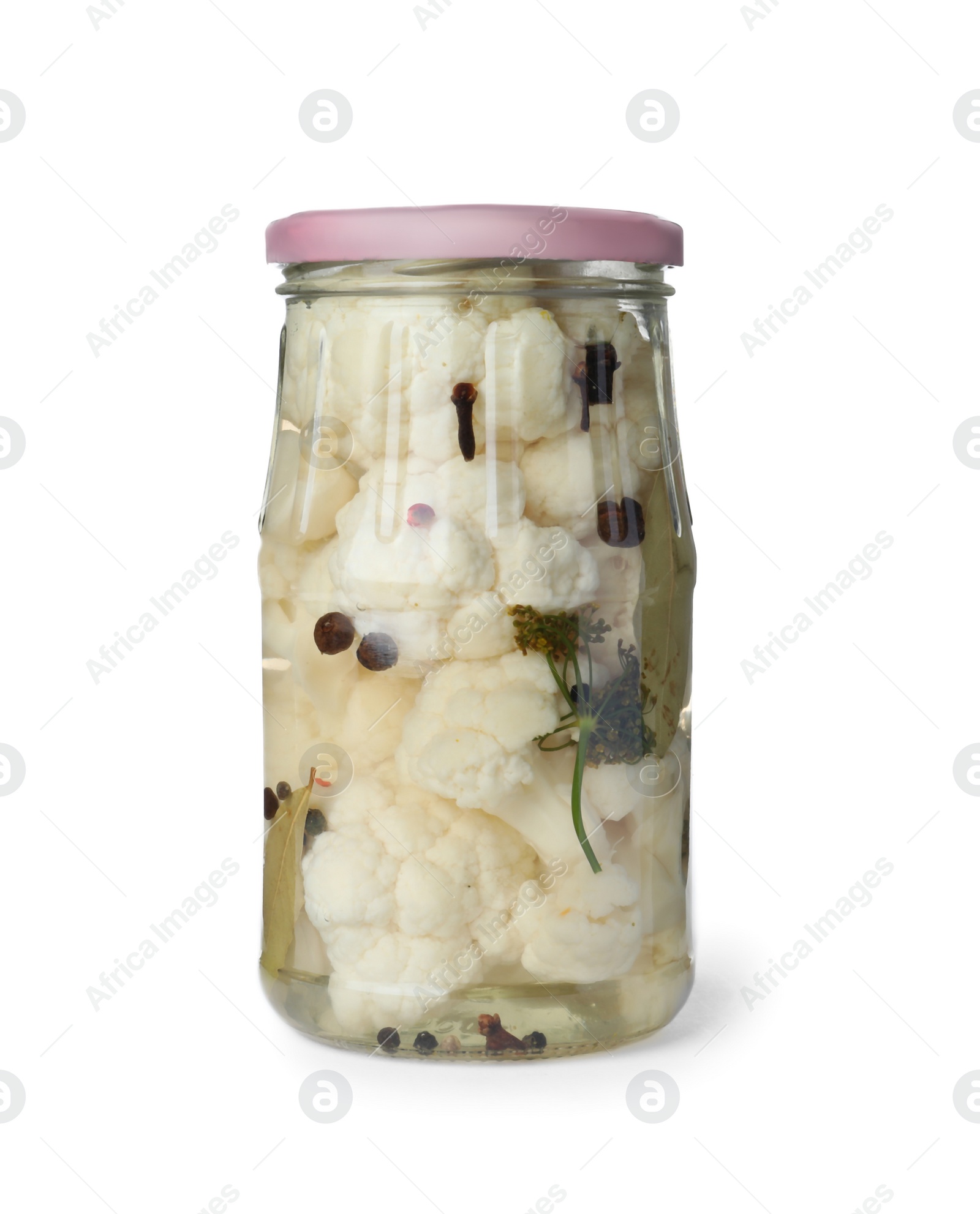 Photo of Jar with pickled cauliflower on white background