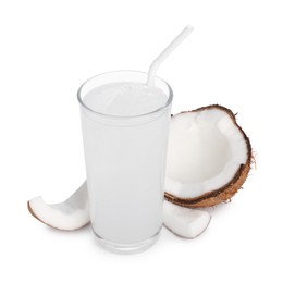 Photo of Glass of coconut water, ice cubes and nut isolated on white