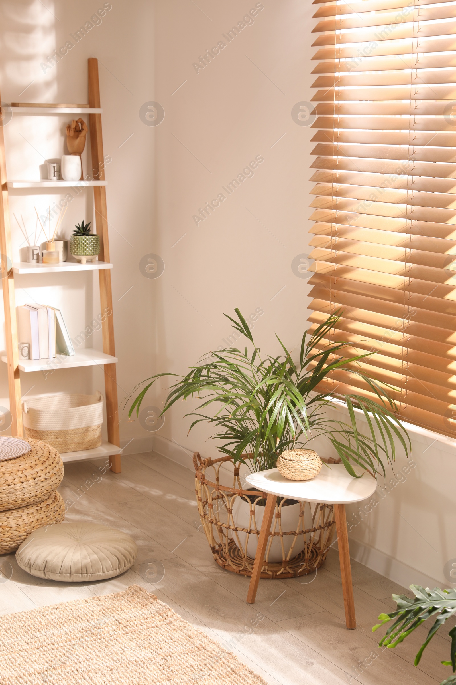 Photo of Stylish room interior with shelving unit and white wooden table