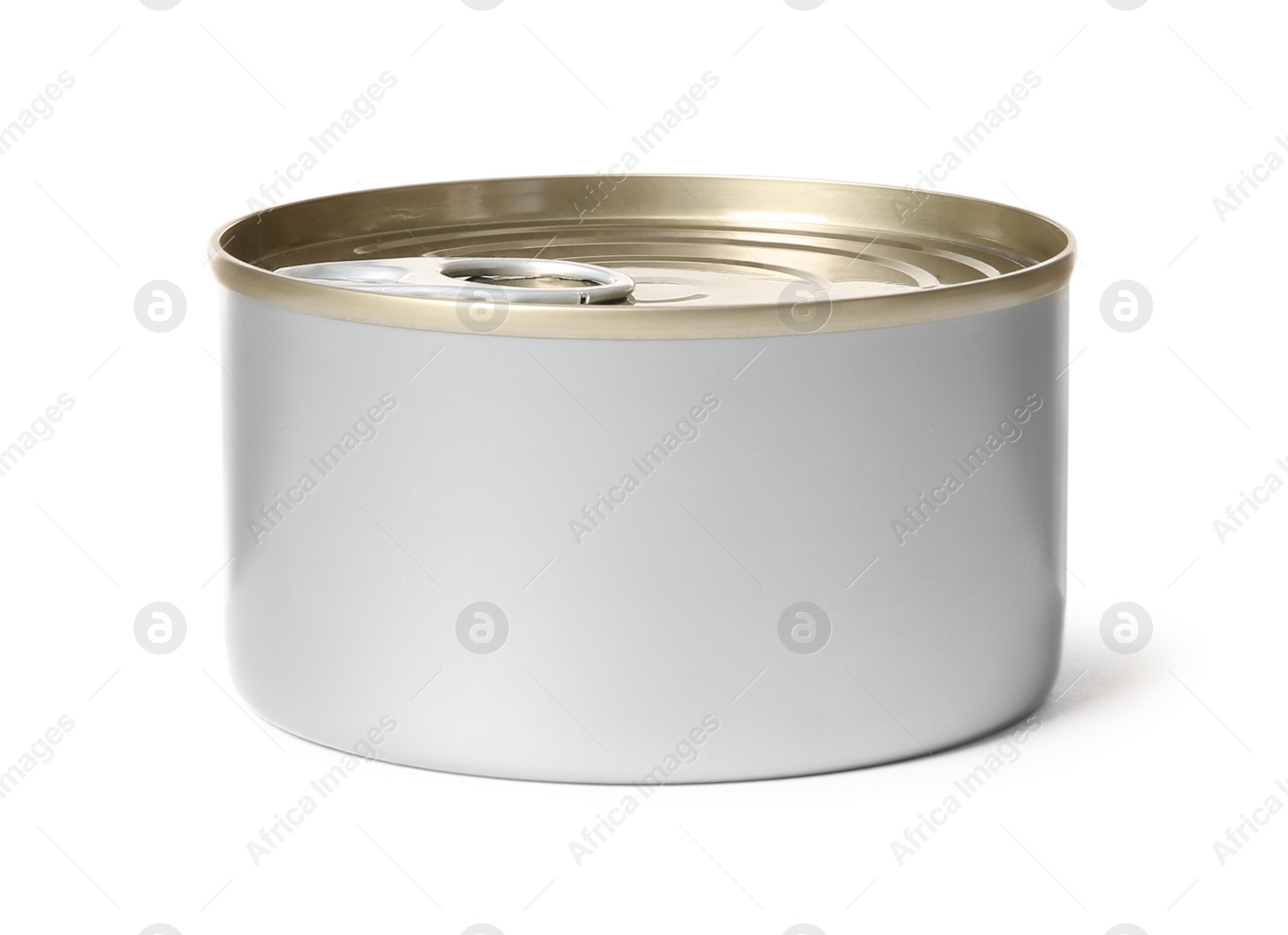 Photo of Closed tin can isolated on white, mockup for design