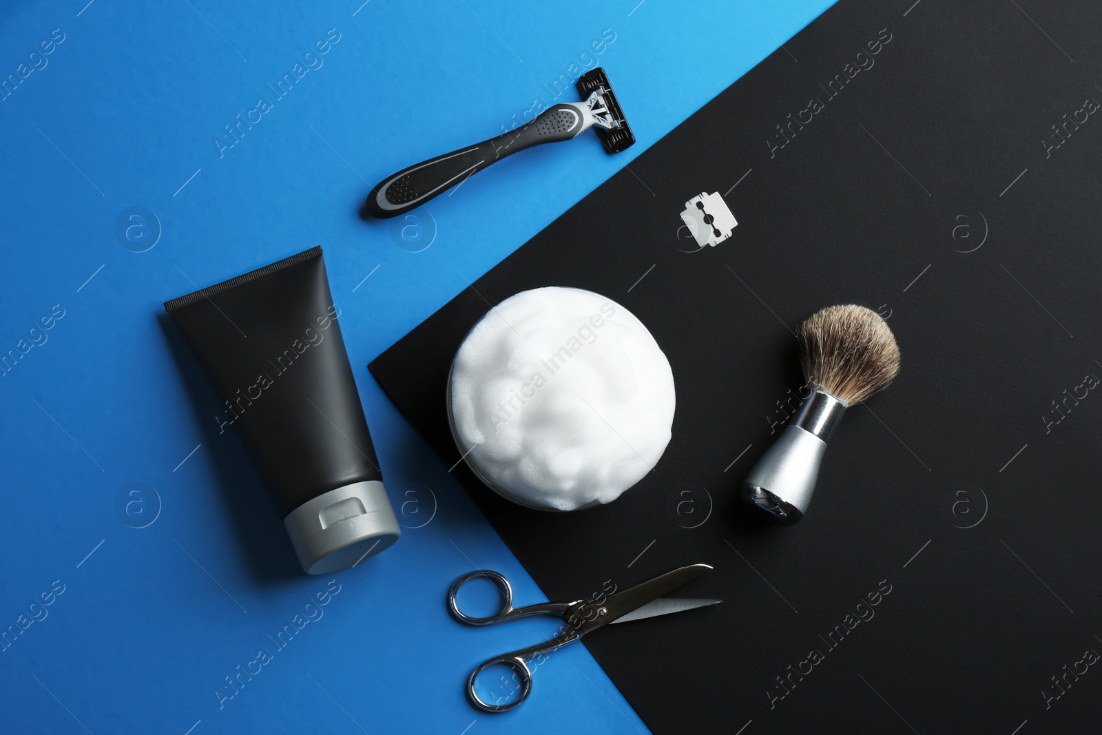 Photo of Flat lay composition with men's cosmetic products on color background. Space for design