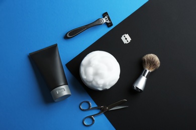 Photo of Flat lay composition with men's cosmetic products on color background. Space for design