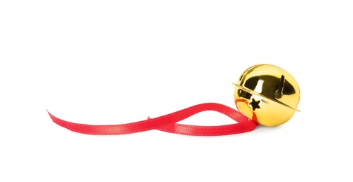 Photo of Shiny golden sleigh bell with ribbon isolated on white