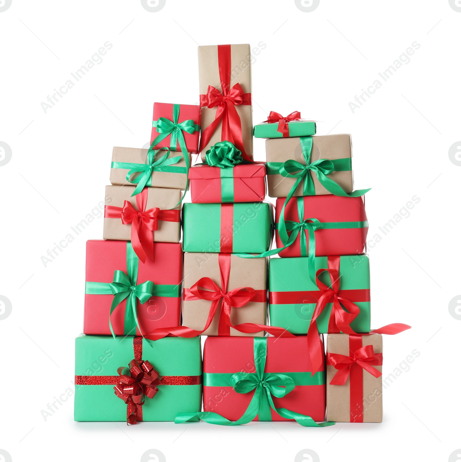 Photo of Many different Christmas gift boxes isolated on white