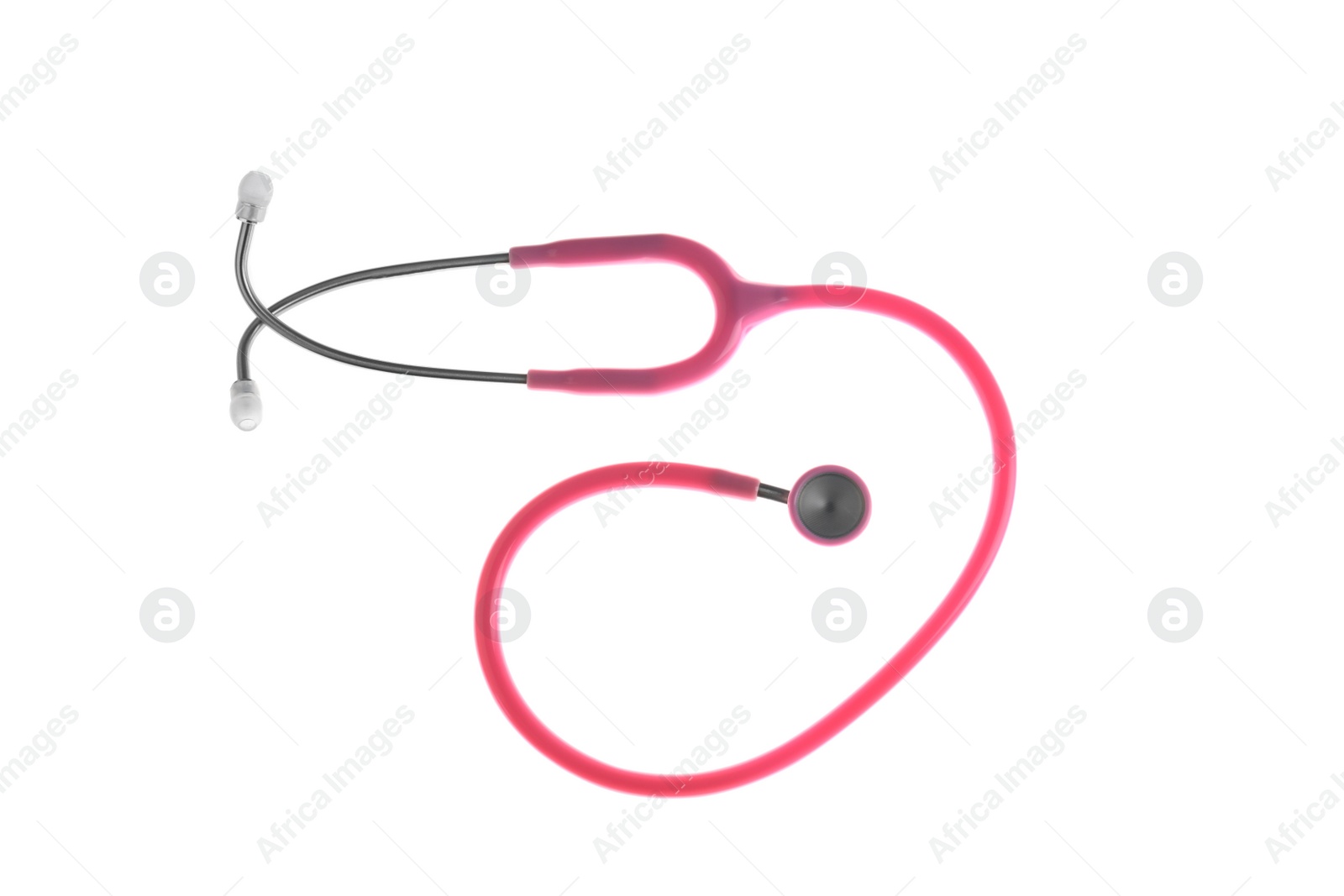 Photo of Stethoscope on white background, top view. Medical device