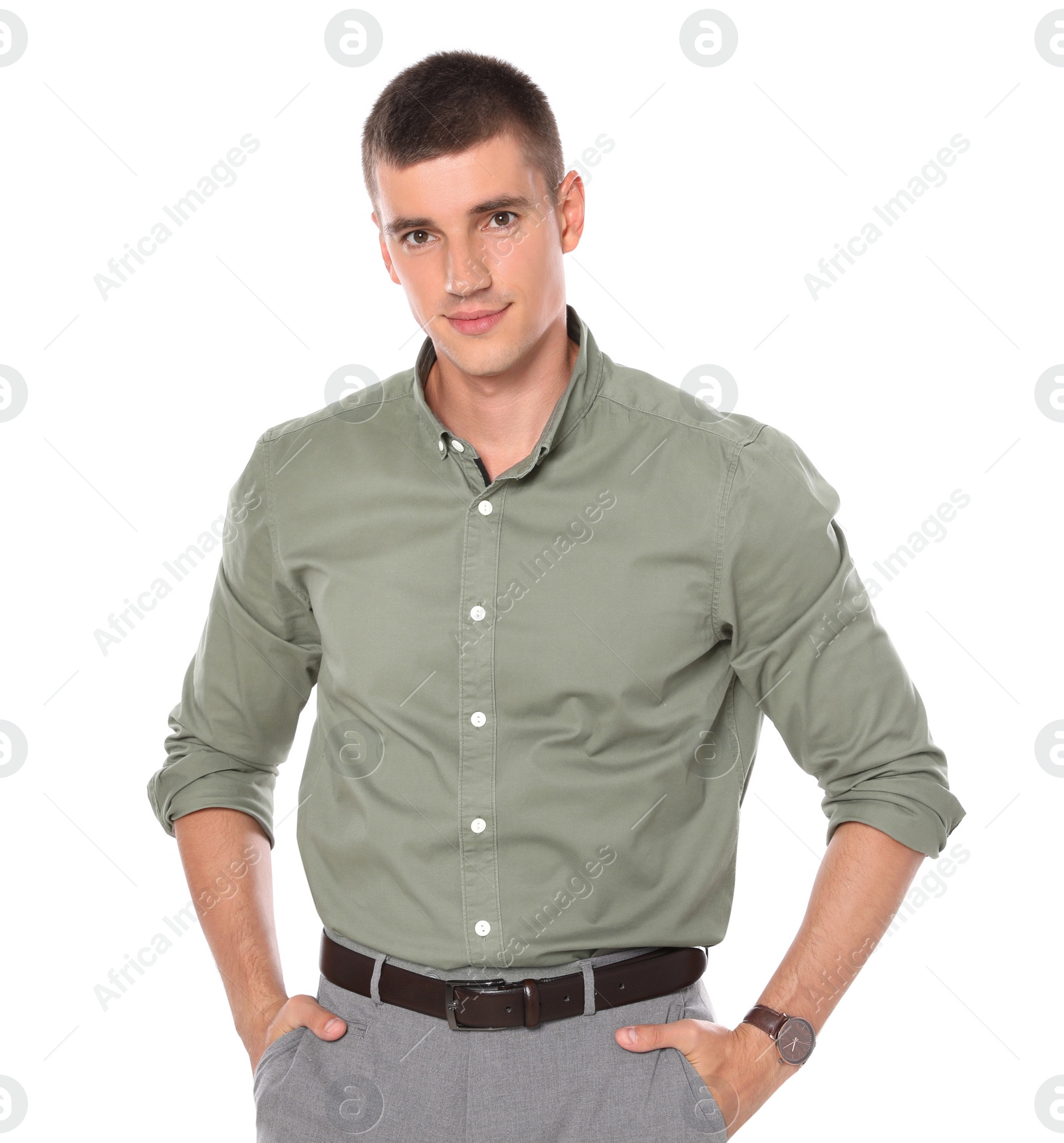 Photo of Portrait of handsome young man on white background