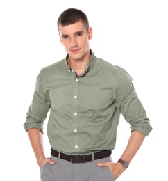 Portrait of handsome young man on white background