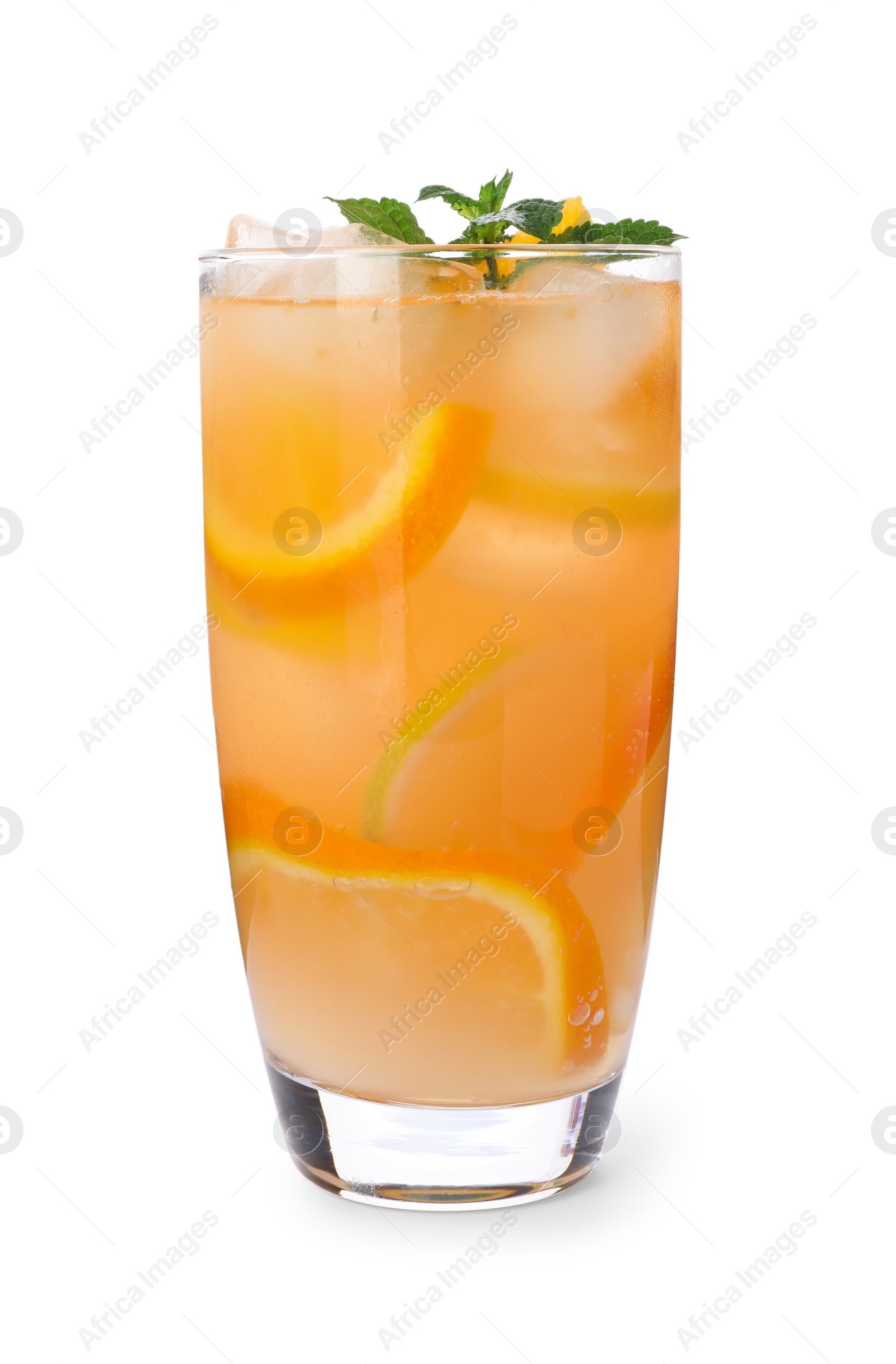 Photo of Glass of citrus refreshing drink with ice cubes and mint on white background