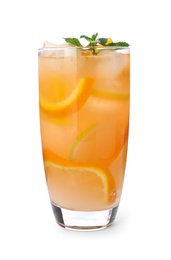 Photo of Glass of citrus refreshing drink with ice cubes and mint on white background