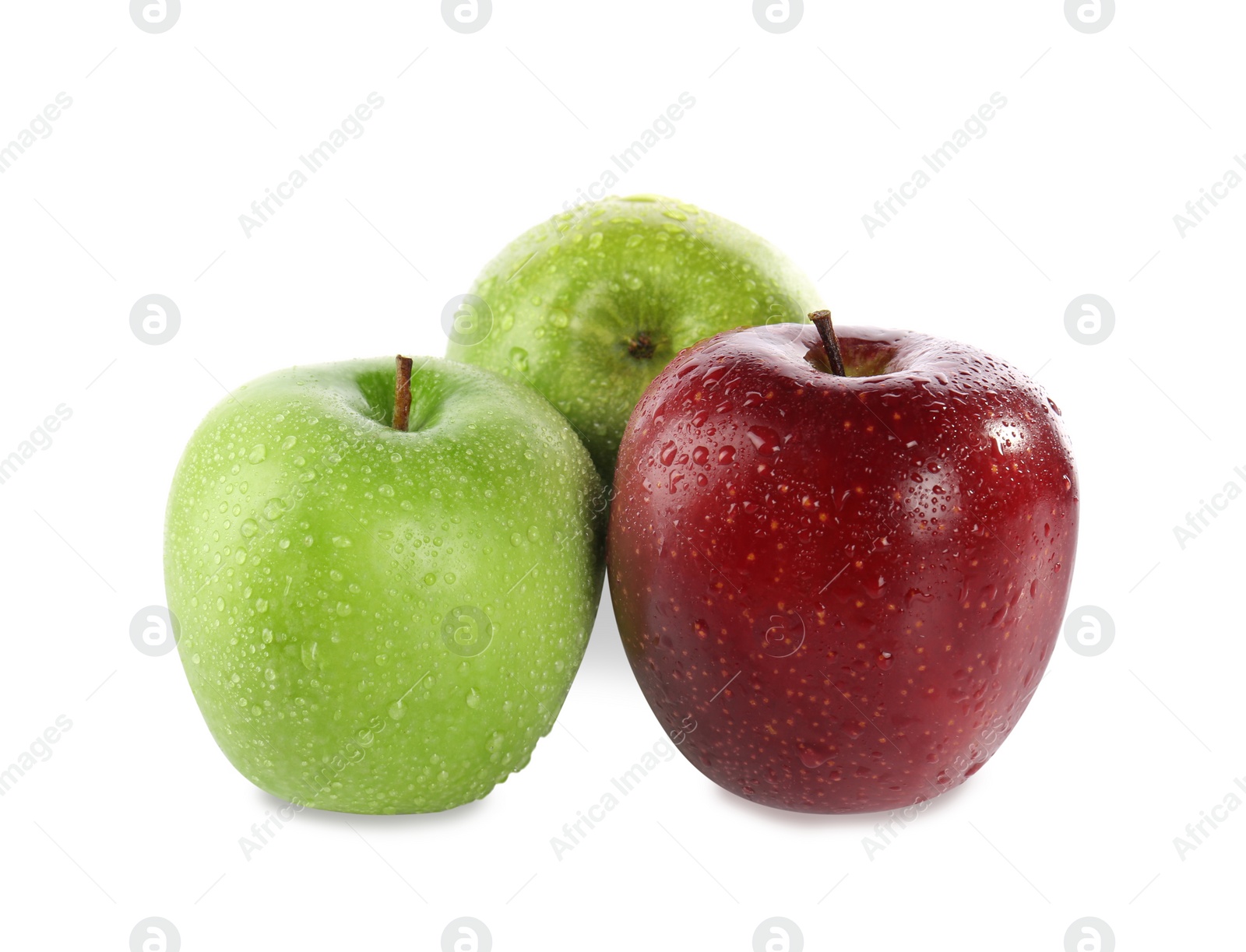 Photo of Fresh juicy green and red apples with water drops isolated on white